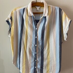Time and Tru Striped Gauzy Cotton Button-Up Shirt in Blue, Yellow, Cream